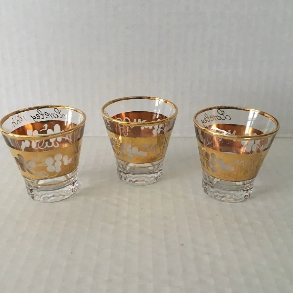 Loreley Vintage Set Of 3 Gold Shot Glasses Floral And Grape Pattern Liquor